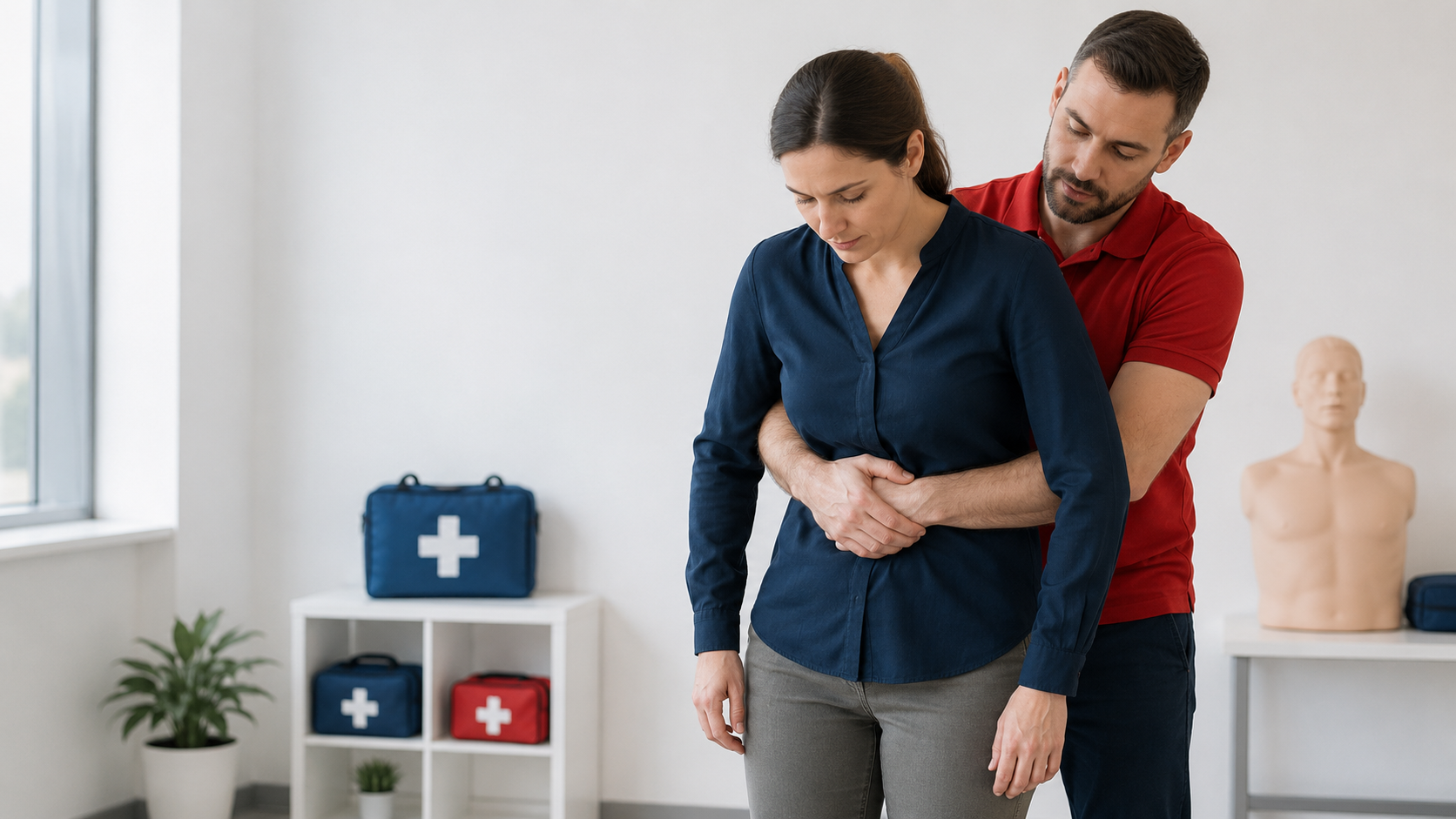 First aid demonstration of abdominal thrusts for adult choking