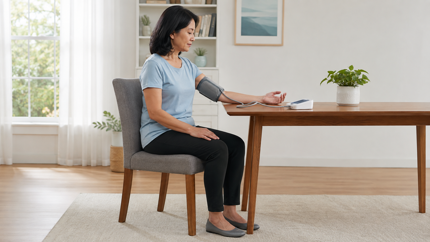 Woman measuring blood pressure correctly at home with an upper-arm cuff