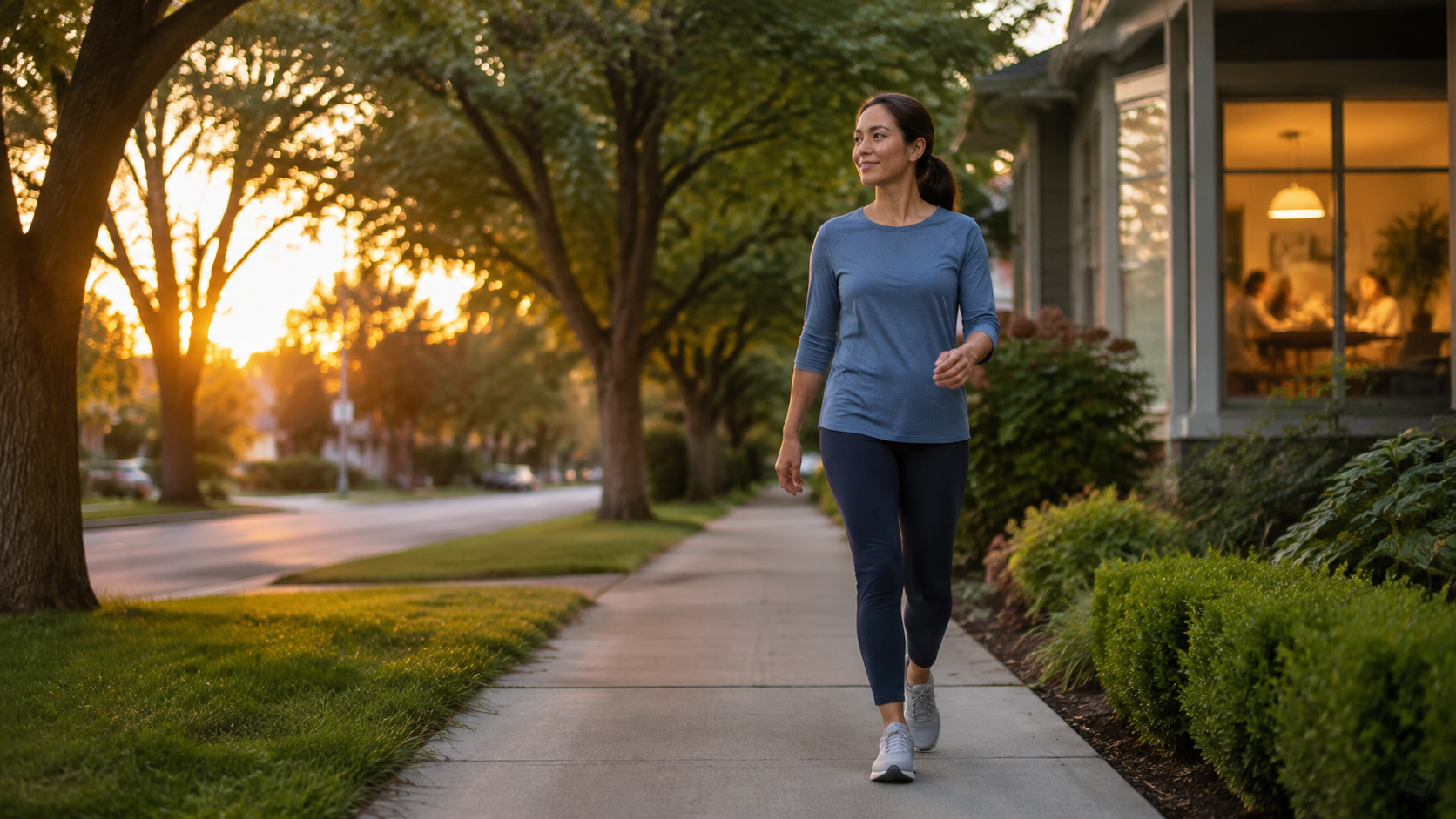 Woman taking a short walk after dinner at sunset