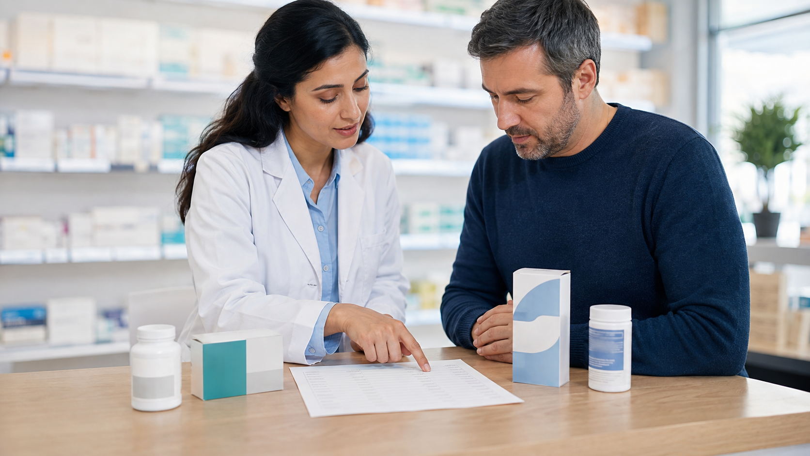Pharmacist and patient reviewing a complete medication list for possible interactions